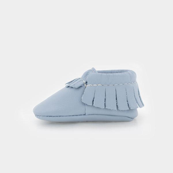 Powder Blue Soft Sole Leather Moccassins-Shoes-Freshly Picked-0-bluebird baby & kids