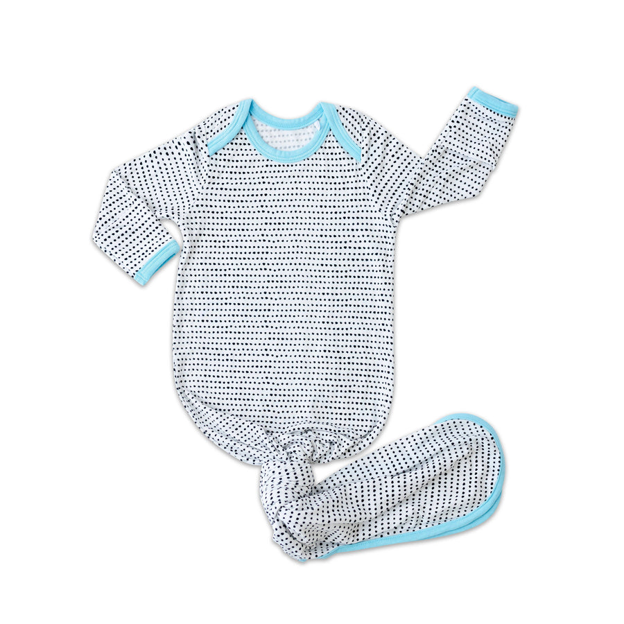 Polka Dots Blue Trim Bamboo Infant Knotted Gown-Gowns-Little Sleepies-bluebird baby & kids