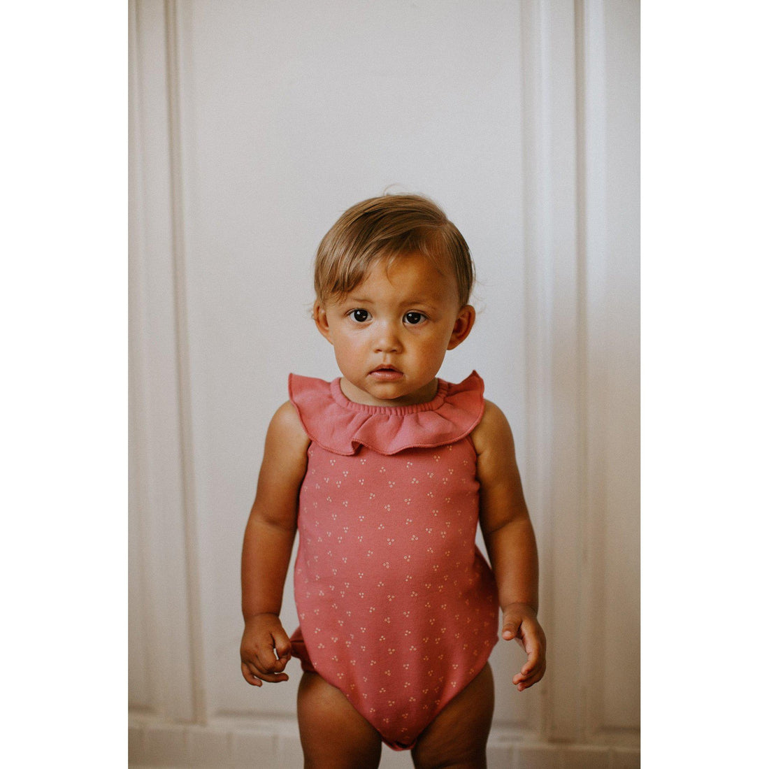 Organic Sleeveless Ruffle Bodysuit-Bodysuits-Loved Baby-0-3 M-Rosewater Dots-bluebird baby & kids